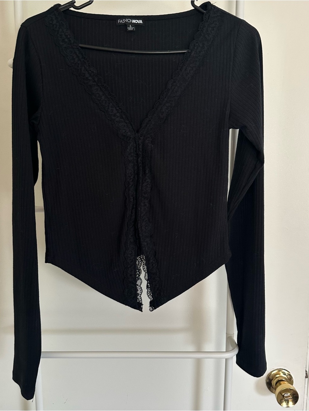 Fashion Nova Black Lace-Trim Ribbed V-Neck Cardigan